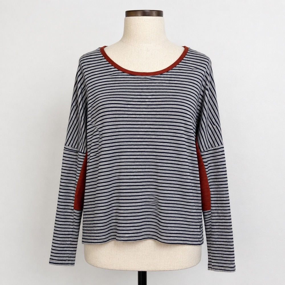 Toad&Co Womens Downton LS Tee Striped Grey Navy Rust Organic Cotton Size M